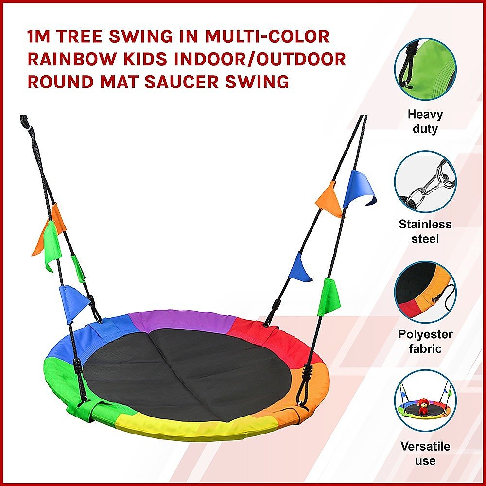 1m Tree Swing in Multi - Color Rainbow Kids Indoor/Outdoor Round Mat Saucer Swing max 220kgs for kids outdoor play - PlayScapes Australia