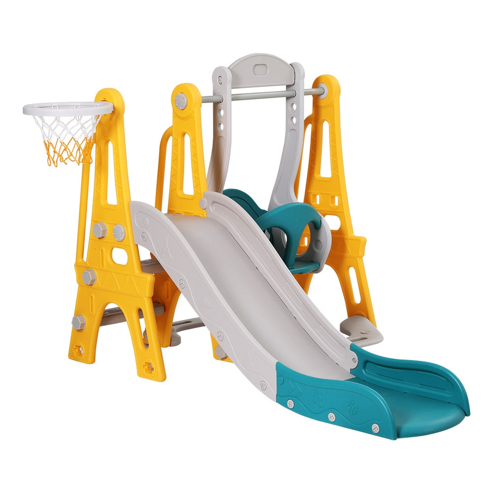 Keezi 3-in-1 Kids Slide & Swing Set with Basketball Hoop – Adjustable Height 140cm – Green