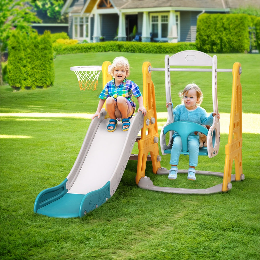 Keezi 3-in-1 Kids Slide & Swing Set with Basketball Hoop – Adjustable Height 140cm – Green