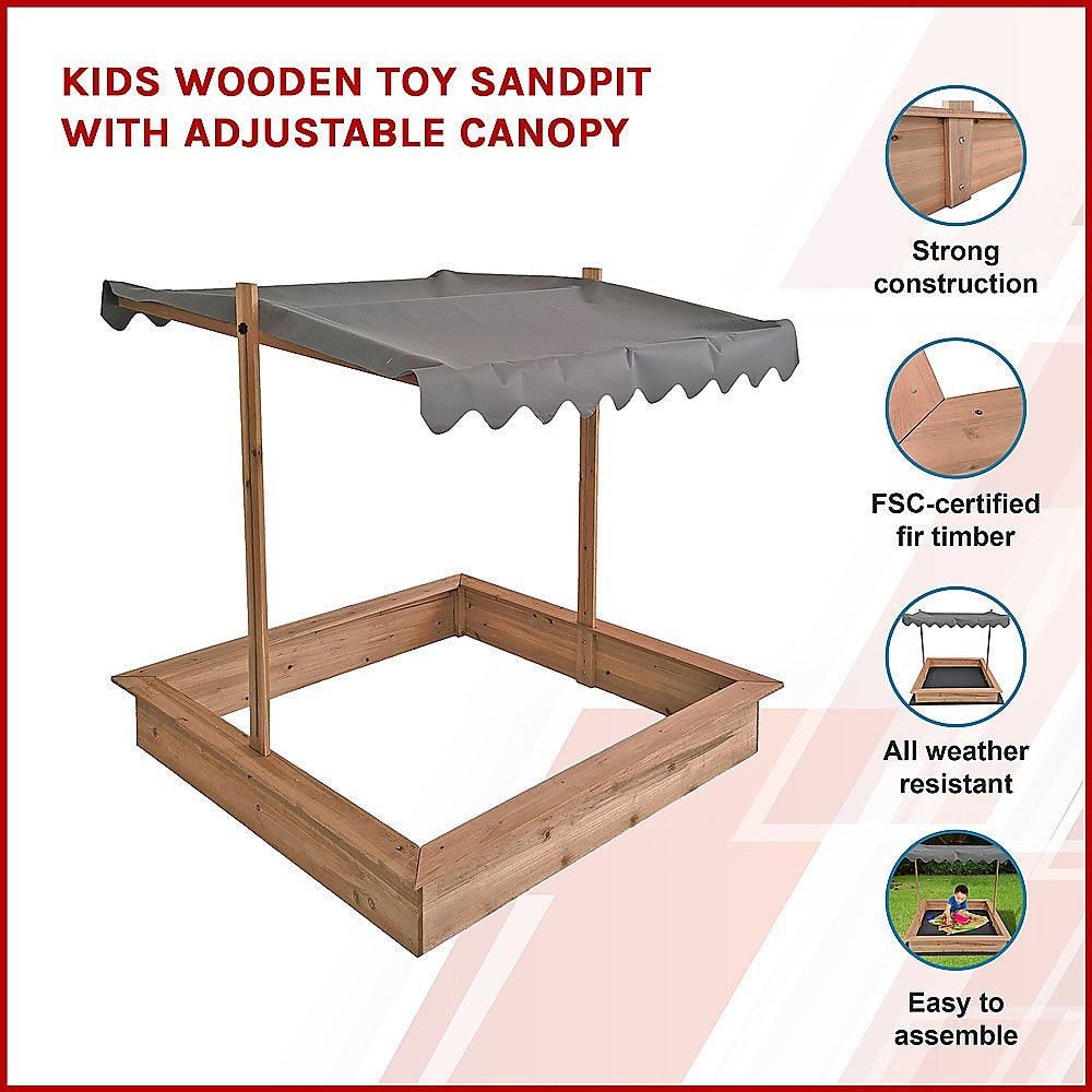 Wooden Kids Sandpit with Adjustable Canopy – Outdoor Play Sandbox