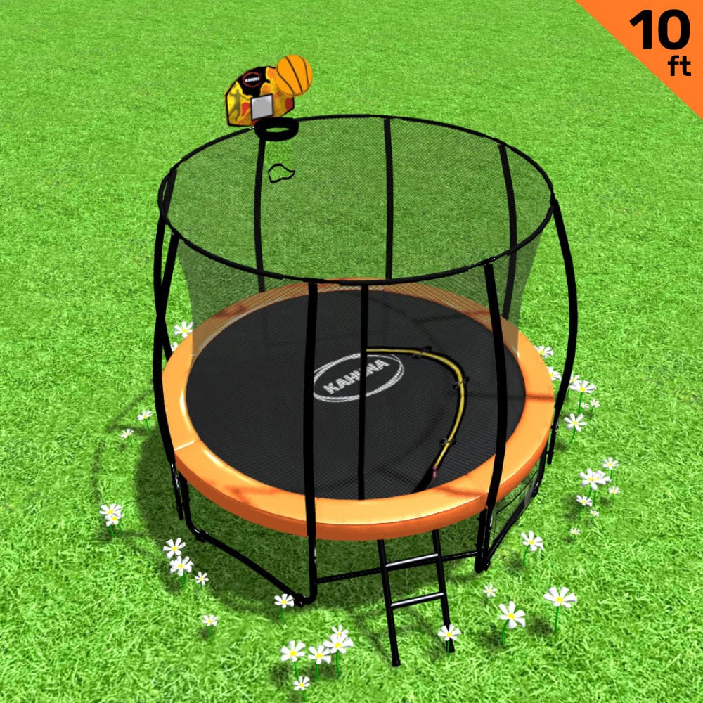 Kahuna 10ft Outdoor Trampoline Kids Children With Safety Enclosure Mat Pad Net Ladder Basketball Hoop Set - Orange for kids outdoor play - PlayScapes Australia