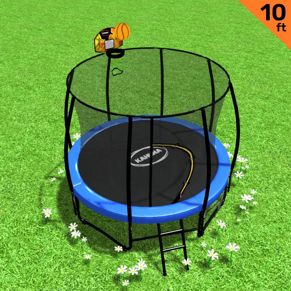Kahuna 10ft Outdoor Trampoline With Safety Enclosure Pad Ladder Basketball Hoop Set Blue for kids outdoor play - PlayScapes Australia