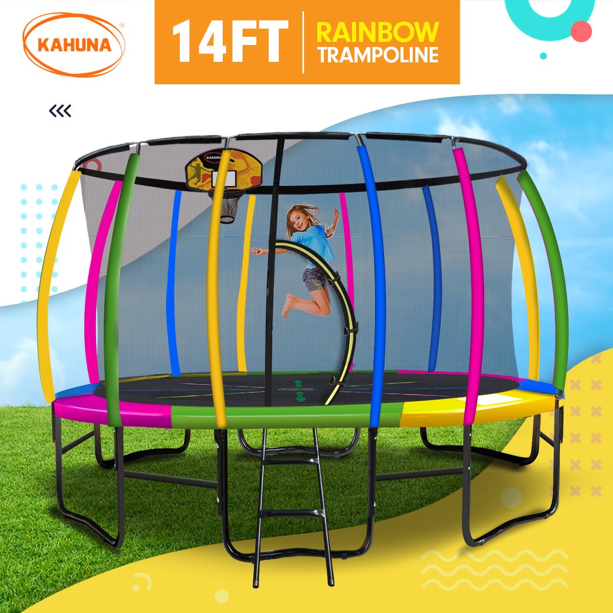 Kahuna 14ft Outdoor Trampoline Kids Children With Safety Enclosure Pad Mat Ladder Basketball Hoop Set - Rainbow for kids outdoor play - PlayScapes Australia