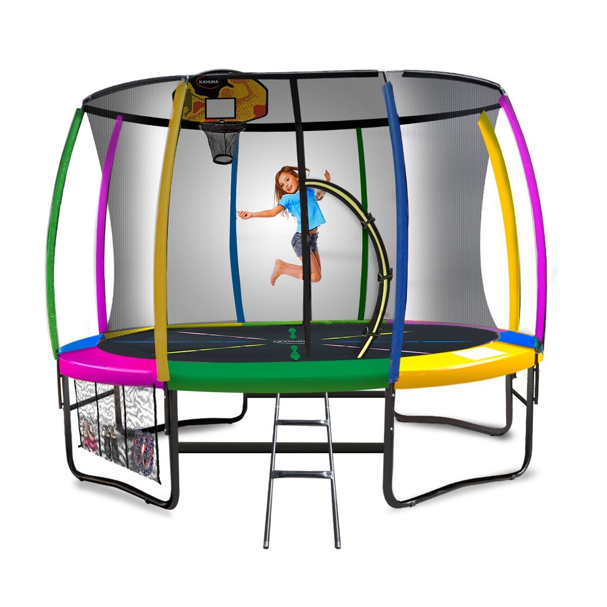 Kahuna 14ft Outdoor Trampoline Kids Children With Safety Enclosure Pad Mat Ladder Basketball Hoop Set - Rainbow for kids outdoor play - PlayScapes Australia