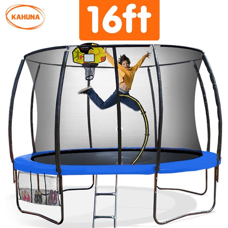 Kahuna 16ft Outdoor Trampoline Kids Children With Safety Enclosure Pad Mat Ladder Basketball Hoop Set - Blue for kids outdoor play - PlayScapes Australia