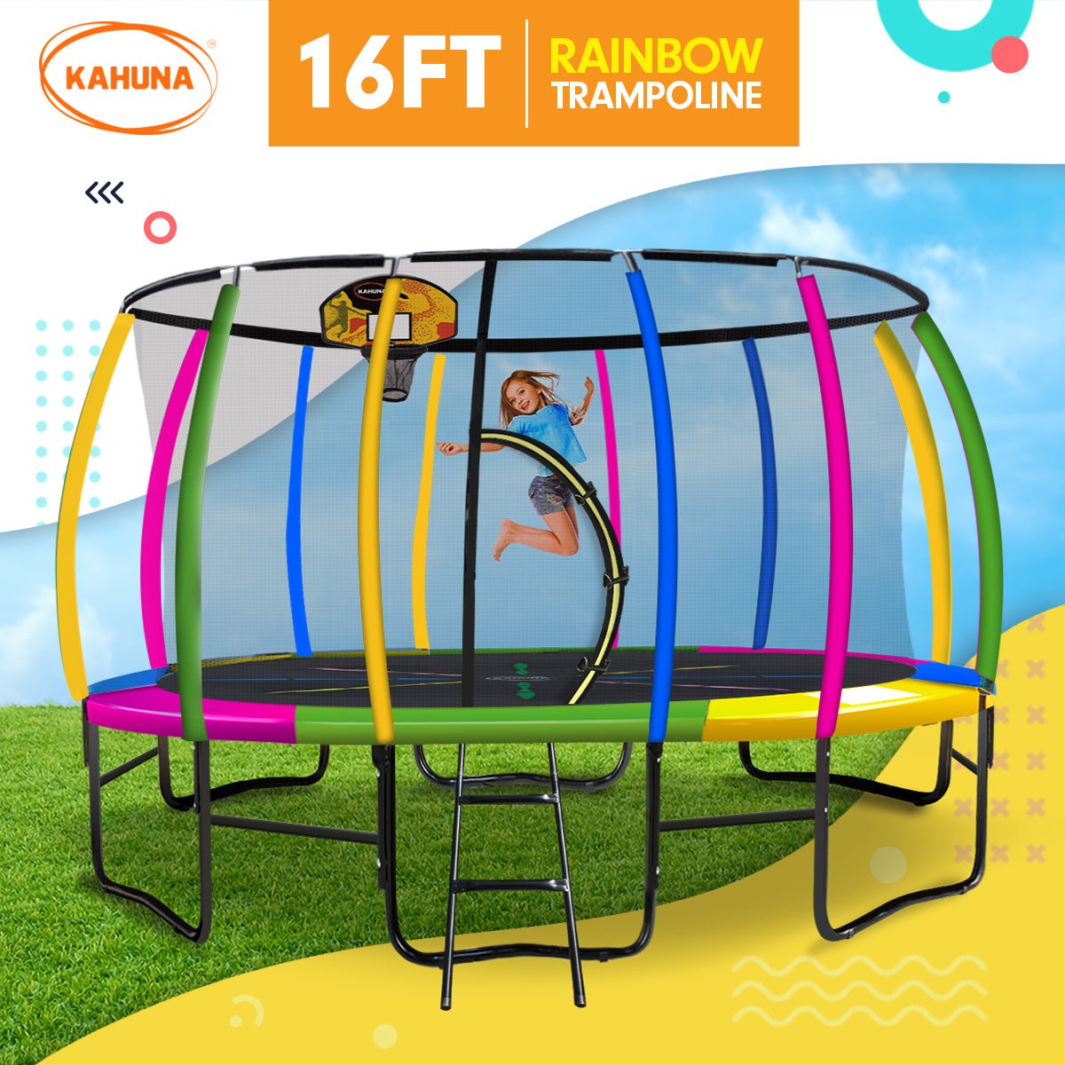 Kahuna 16ft Outdoor Trampoline Kids Children With Safety Enclosure Pad Mat Ladder Basketball Hoop Set - Rainbow for kids outdoor play - PlayScapes Australia