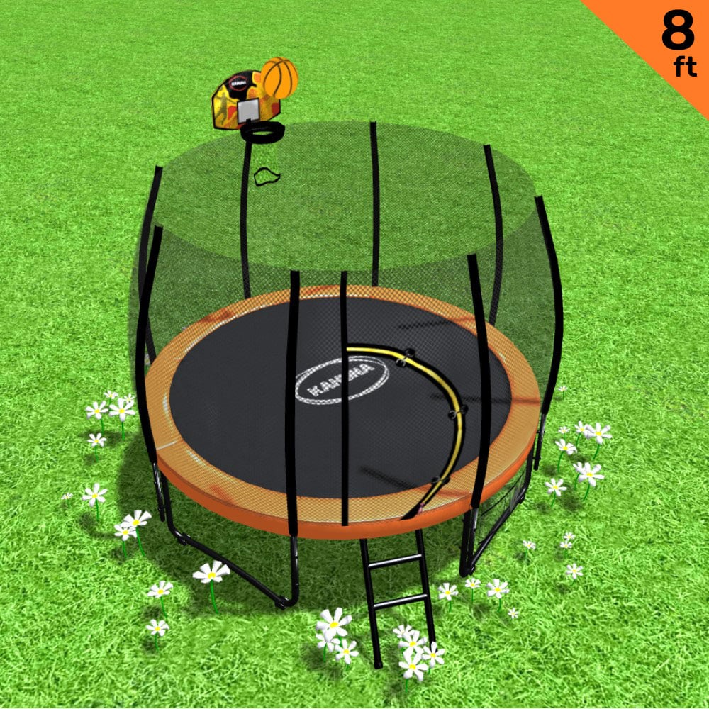 Kahuna 8ft Twister Springless Trampoline Round Free Safety Net Pad Mat with Basket Ball Set Orange for kids outdoor play - PlayScapes Australia