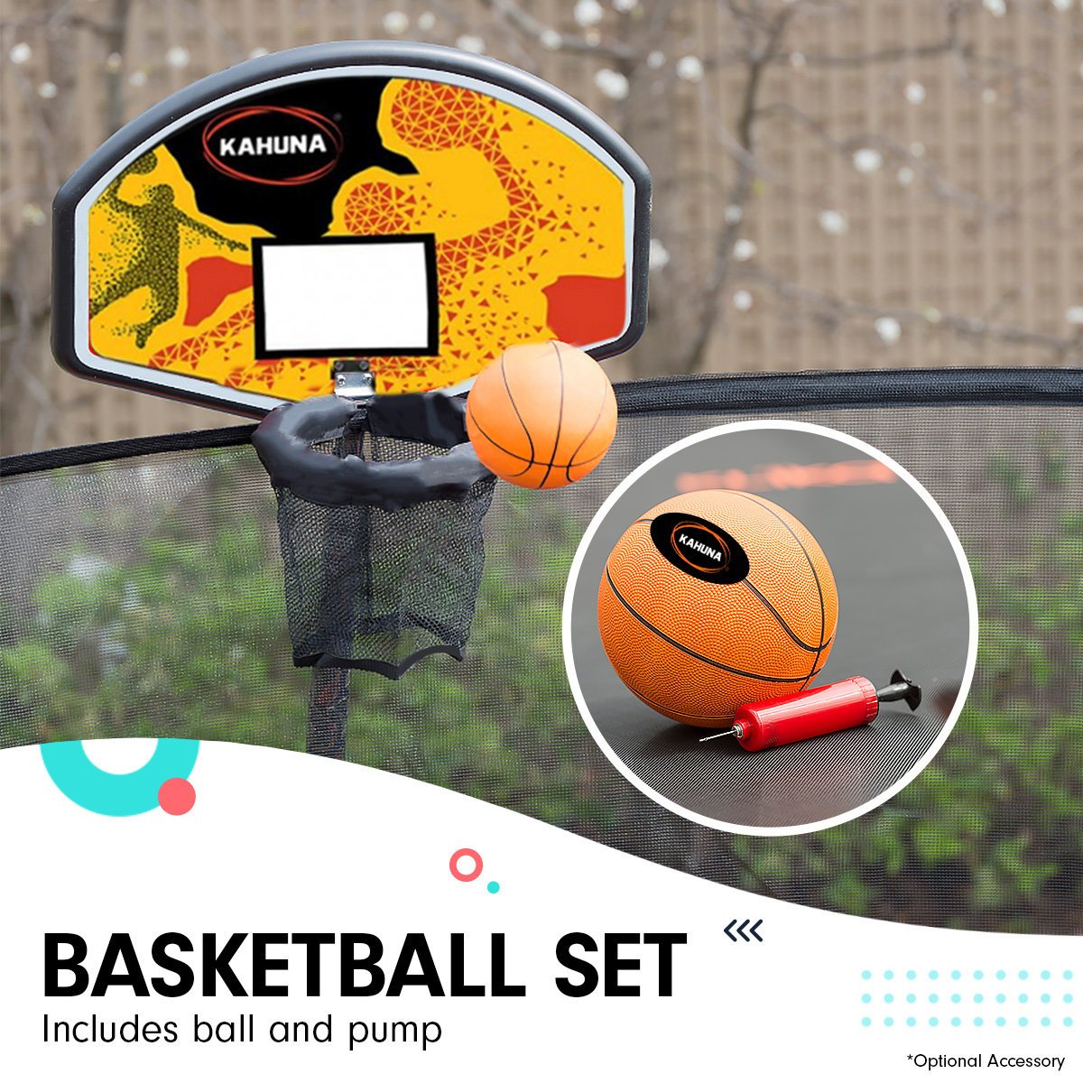 Kahuna 8ft Twister Springless Trampoline Round Free Safety Net Pad Mat with Basket Ball Set Orange for kids outdoor play - PlayScapes Australia