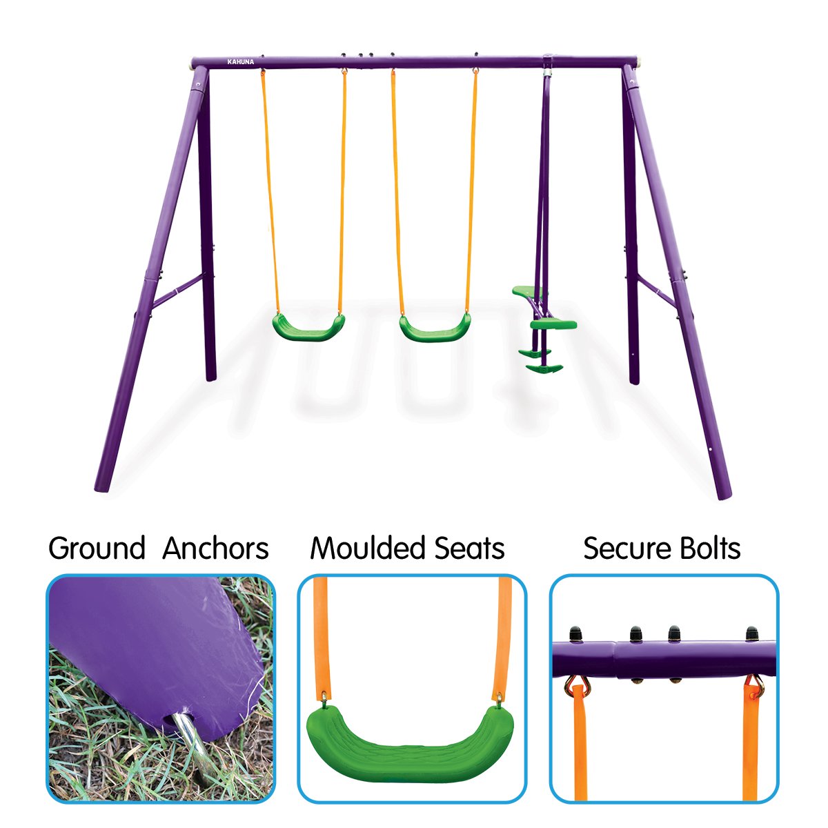 Kahuna Kids 4 - Seater Swing Set Purple Green for kids outdoor play - PlayScapes Australia