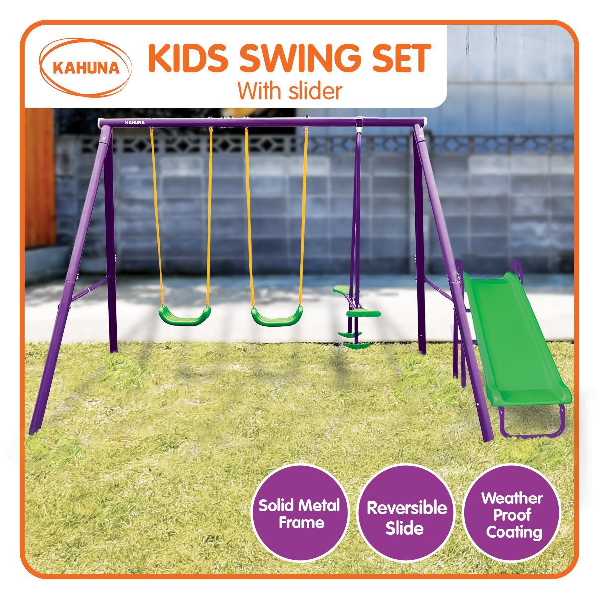 Kahuna Kids 4 - Seater Swing Set with Slide Purple Green for kids outdoor play - PlayScapes Australia