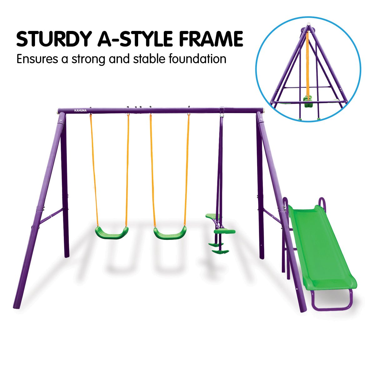 Kahuna Kids 4 - Seater Swing Set with Slide Purple Green for kids outdoor play - PlayScapes Australia