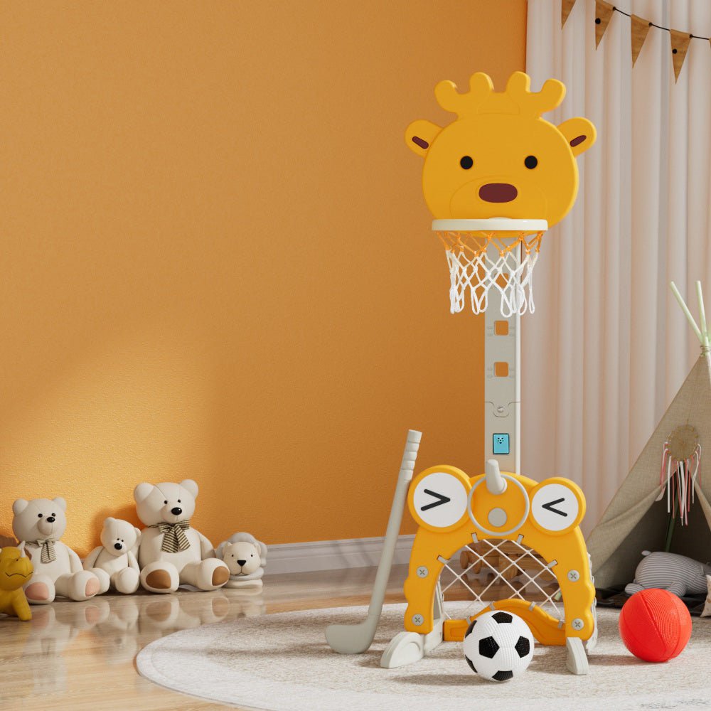 Keezi Kids Basketball Hoop Stand Adjustable 5 - in - 1 Sports Center Toys Set Yellow for kids outdoor play - PlayScapes Australia