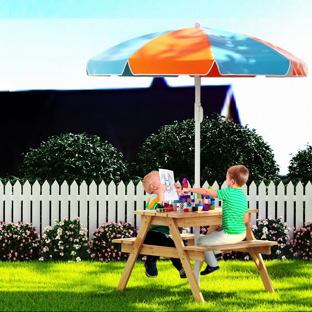 Keezi Kids Outdoor Table and Chairs Picnic Bench Umbrella Set Water Sand Pit Box for kids outdoor play - PlayScapes Australia