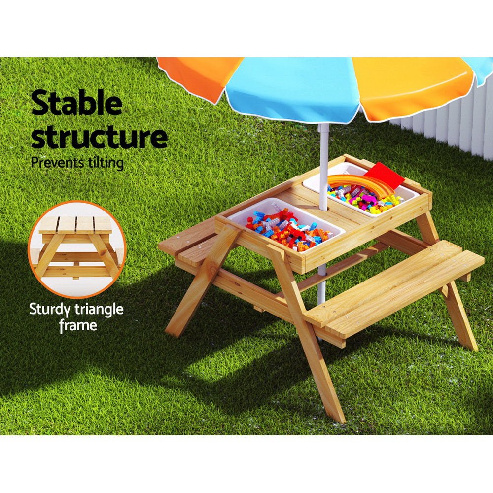 Keezi Kids Outdoor Table and Chairs Picnic Bench Umbrella Set Water Sand Pit Box for kids outdoor play - PlayScapes Australia