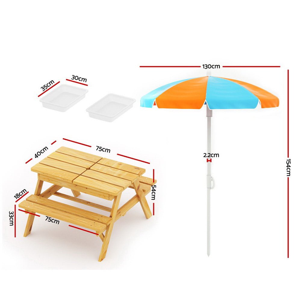 Keezi Kids Outdoor Table and Chairs Picnic Bench Umbrella Set Water Sand Pit Box for kids outdoor play - PlayScapes Australia