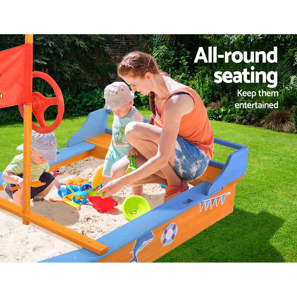 Keezi Kids Sandpit Wooden Boat Sand Pit with Canopy Bench Seat Beach Toys 150cm for kids outdoor play - PlayScapes Australia