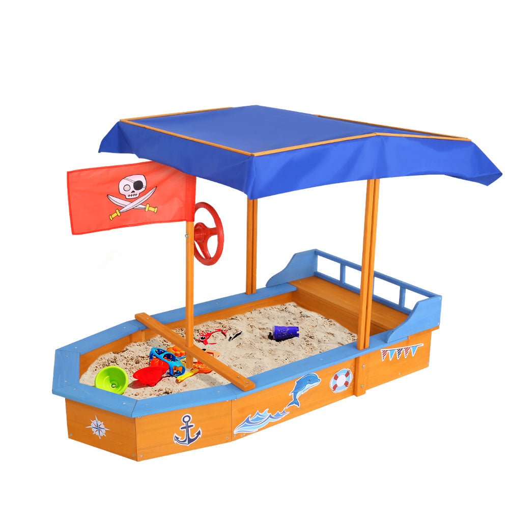 Keezi Kids Sandpit Wooden Boat Sand Pit with Canopy Bench Seat Beach Toys 150cm for kids outdoor play - PlayScapes Australia