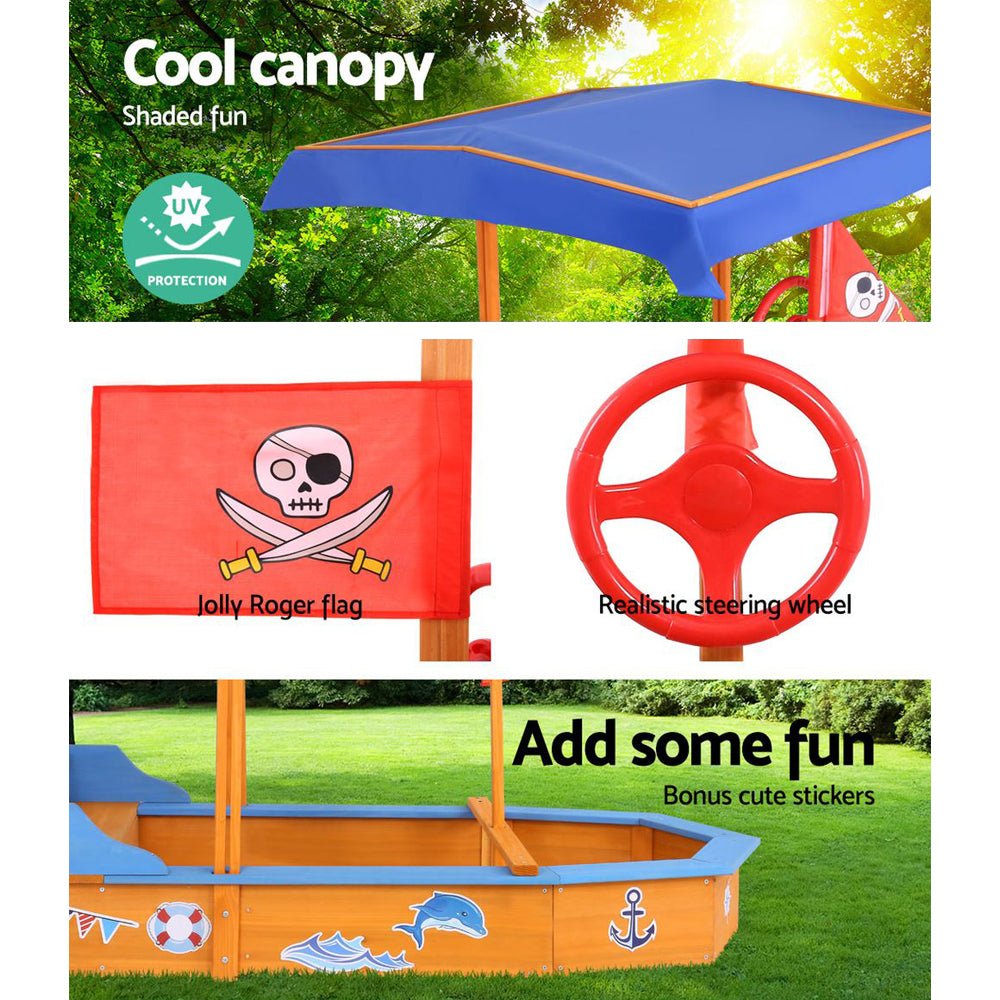 Keezi Kids Sandpit Wooden Boat Sand Pit with Canopy Bench Seat Beach Toys 150cm for kids outdoor play - PlayScapes Australia