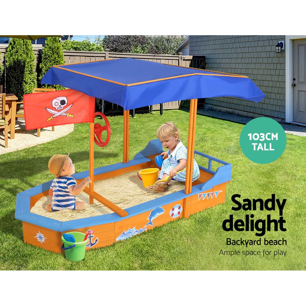 Keezi Kids Sandpit Wooden Boat Sand Pit with Canopy Bench Seat Beach Toys 150cm for kids outdoor play - PlayScapes Australia