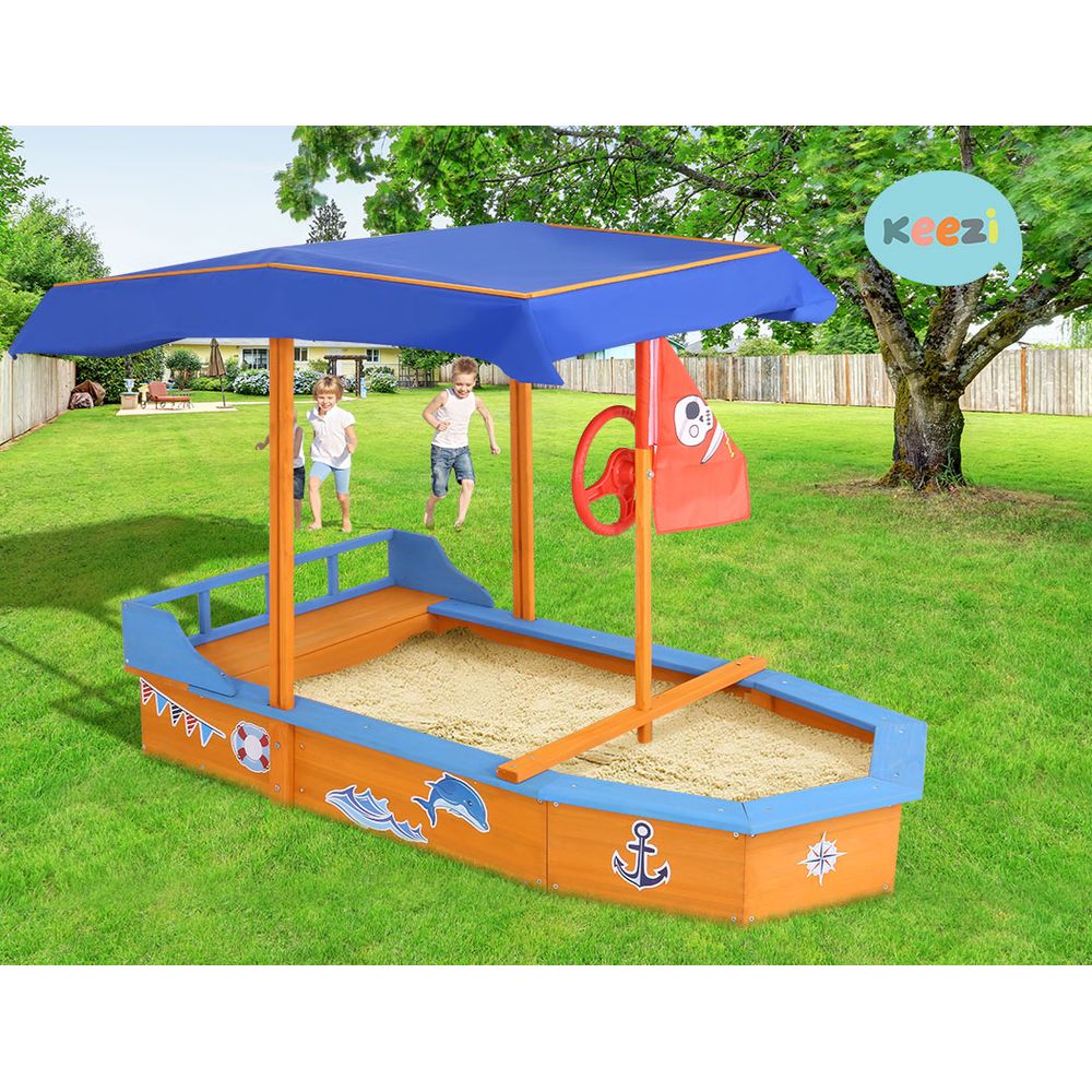 Keezi Kids Sandpit Wooden Boat Sand Pit with Canopy Bench Seat Beach Toys 150cm for kids outdoor play - PlayScapes Australia