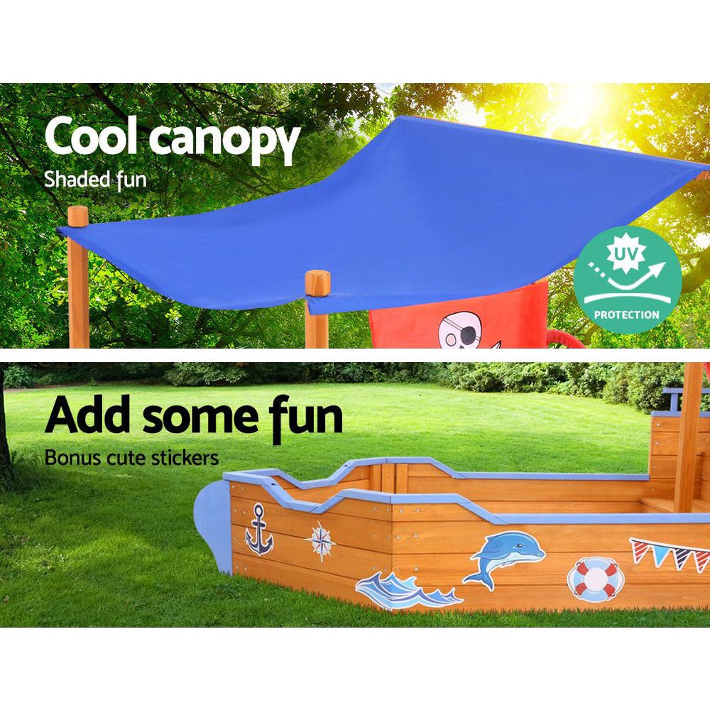 Keezi Kids Sandpit Wooden Boat Sand Pit with Canopy Bench Seat Beach Toys 165cm for kids outdoor play - PlayScapes Australia