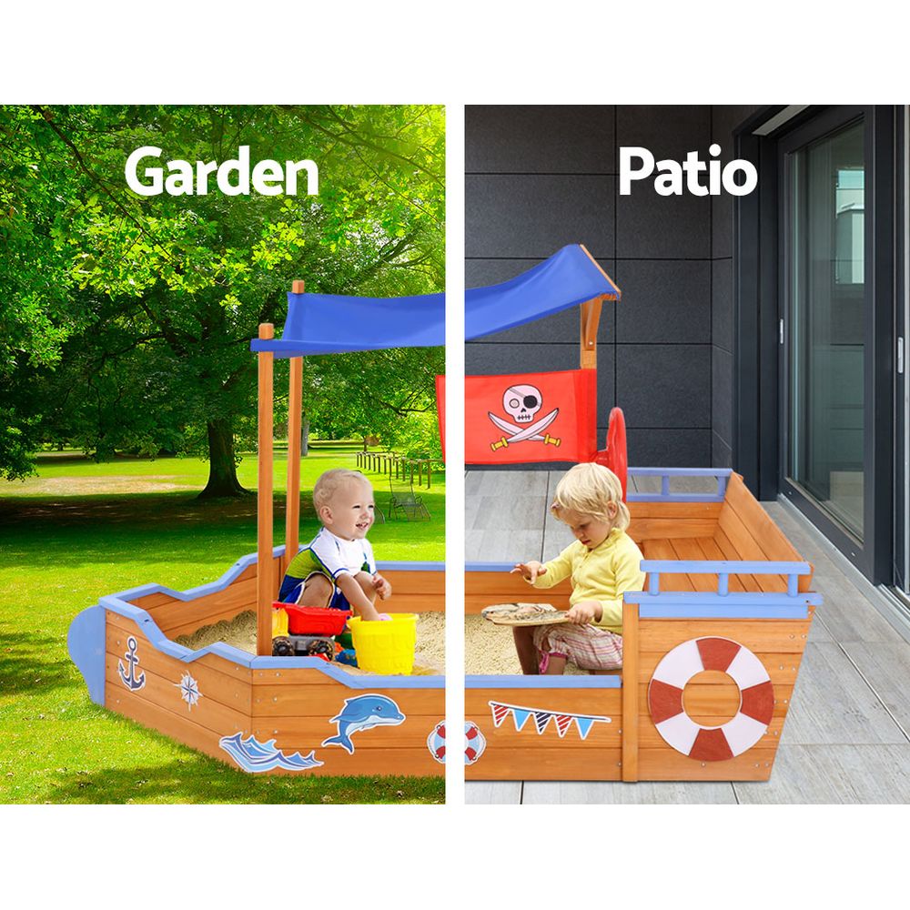 Keezi Kids Sandpit Wooden Boat Sand Pit with Canopy Bench Seat Beach Toys 165cm for kids outdoor play - PlayScapes Australia