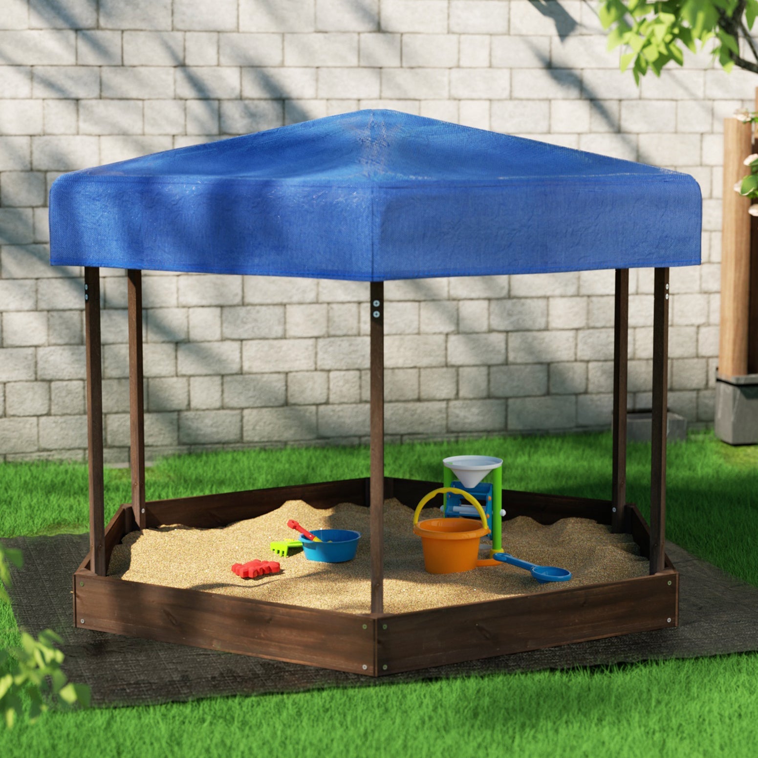Keezi Kids Sandpit Wooden Hexagon Sand Pit with Canopy Outdoor Beach Toys 182cm for kids outdoor play - PlayScapes Australia