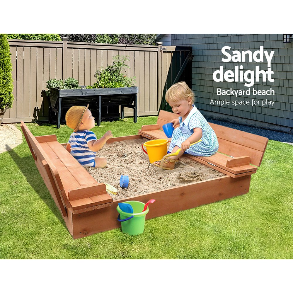 Keezi Kids Sandpit Wooden Sandbox Sand Pit Foldable Seat Outdoor Beach Toys 90cm for kids outdoor play - PlayScapes Australia