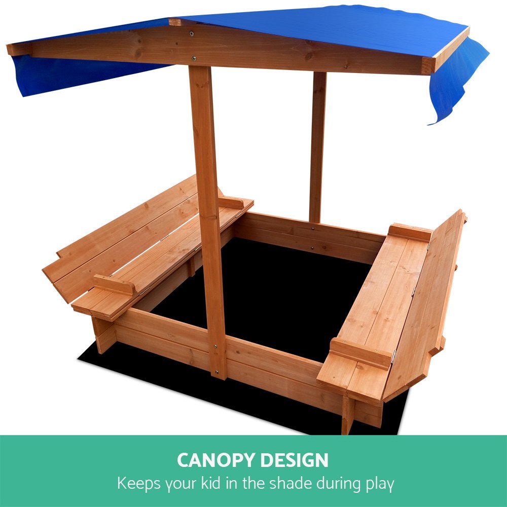 Keezi Kids Sandpit Wooden Sandbox Sand Pit with Canopy Foldable Seat Toys 120cm for kids outdoor play - PlayScapes Australia