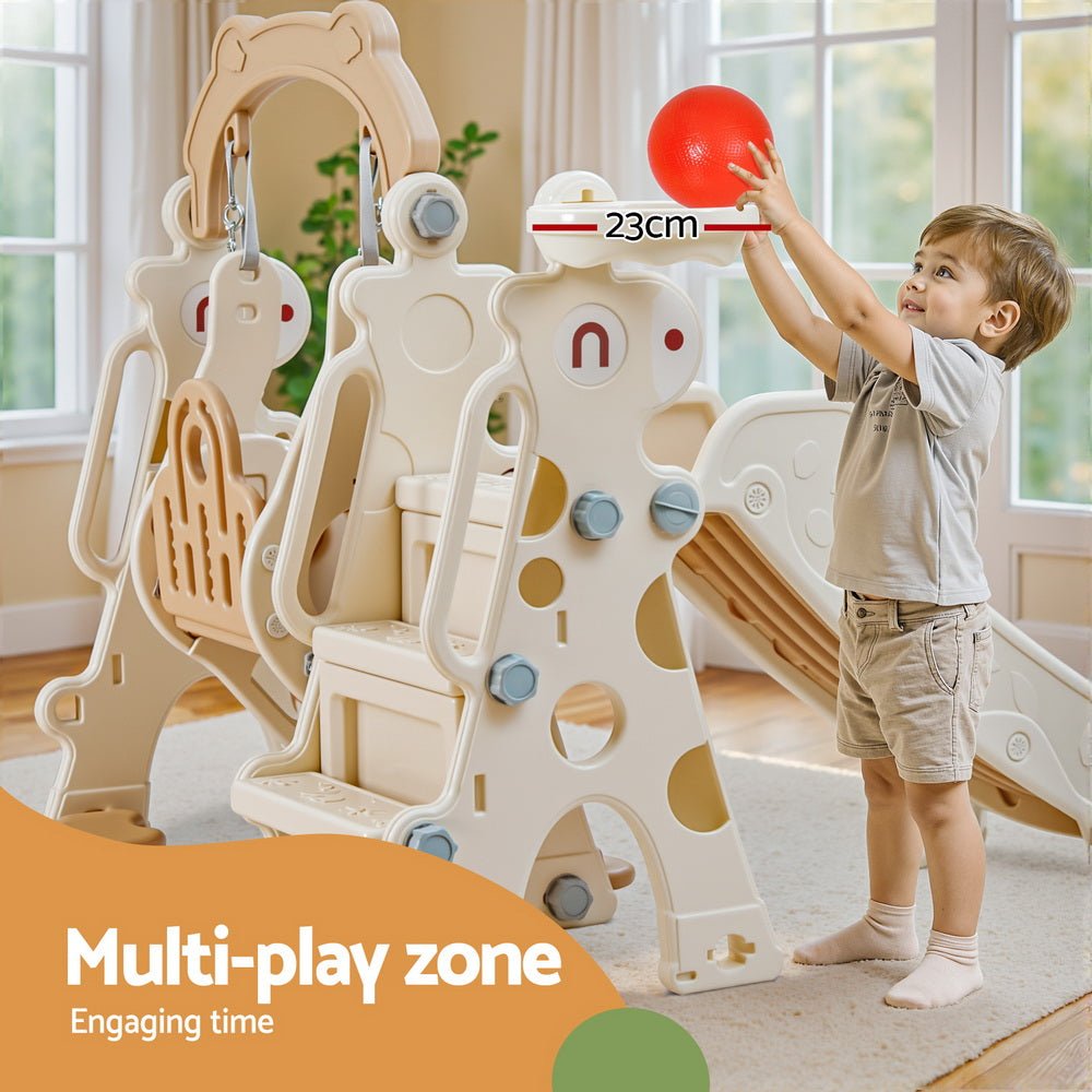 Keezi Kids Slide Swing Set Basketball Hoop Outdoor Playground Toys 160cm Beige for kids outdoor play - PlayScapes Australia