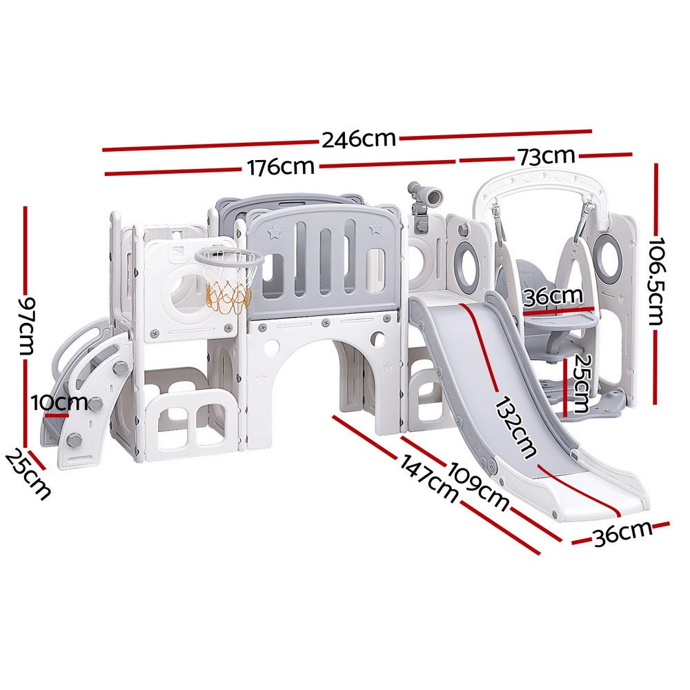 Keezi Kids Slide Swing Set Basketball Hoop Ring Football Outdoor Toys 132cm grey for kids outdoor play - PlayScapes Australia