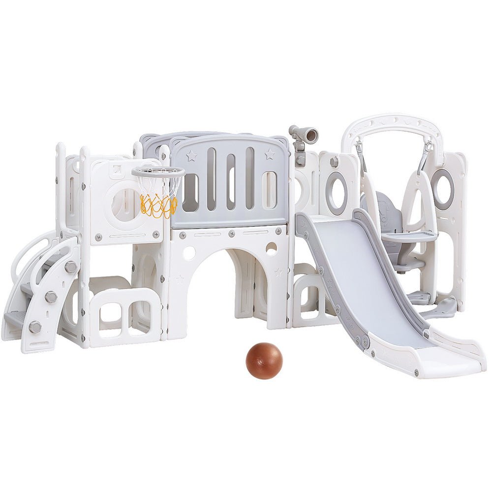 Keezi Kids Slide Swing Set Basketball Hoop Ring Football Outdoor Toys 132cm grey for kids outdoor play - PlayScapes Australia