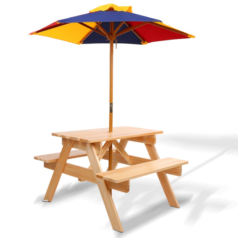 Keezi Kids Wooden Picnic Table Set with Umbrella for kids outdoor play - PlayScapes Australia