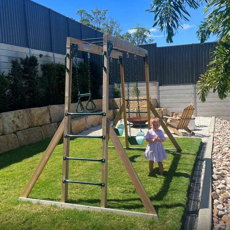 Lifespan Kids Daintree 2 - in - 1 Monkey Bars & Swing Set. Adjustable. High Quality Weather Protected Timber. for kids outdoor play - PlayScapes Australia
