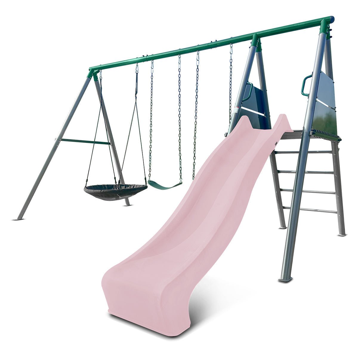 Lifespan Kids Europa Commercial Grade Steel Swing Set with Climb & 2.2m Slide (Pastel Pink) for kids outdoor play - PlayScapes Australia