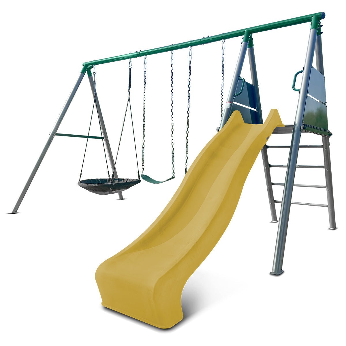 Lifespan Kids Europa Commercial Grade Steel Swing Set with Climb & 2.2m Slide (Yellow) for kids outdoor play - PlayScapes Australia