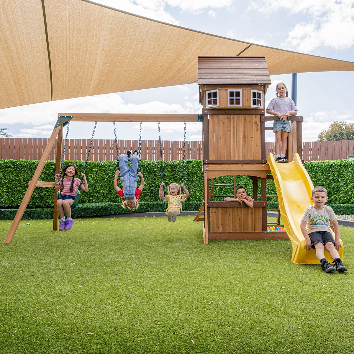 Lifespan Kids Meer Brook Swing Set, Monkey Bars & Play Centre with 2.2m Slide (Yellow) for kids outdoor play - PlayScapes Australia