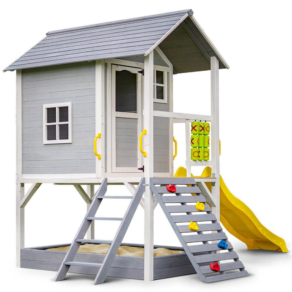 ROVO KIDS Wooden Tower Cubby House with Slide, Sandpit, Climbing Wall, Noughts & Crosses for kids outdoor play - PlayScapes Australia