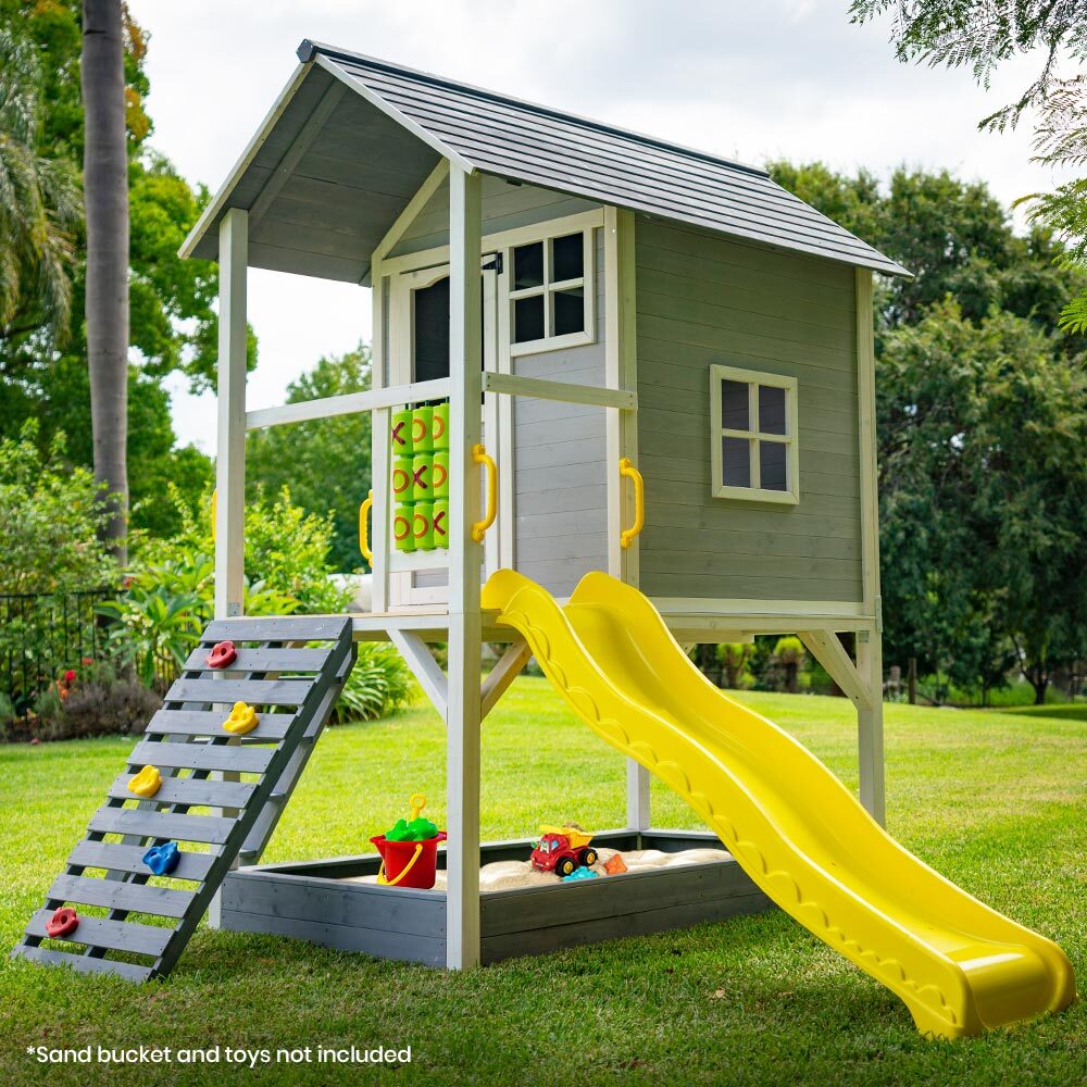 ROVO KIDS Wooden Tower Cubby House with Slide, Sandpit, Climbing Wall, Noughts & Crosses for kids outdoor play - PlayScapes Australia