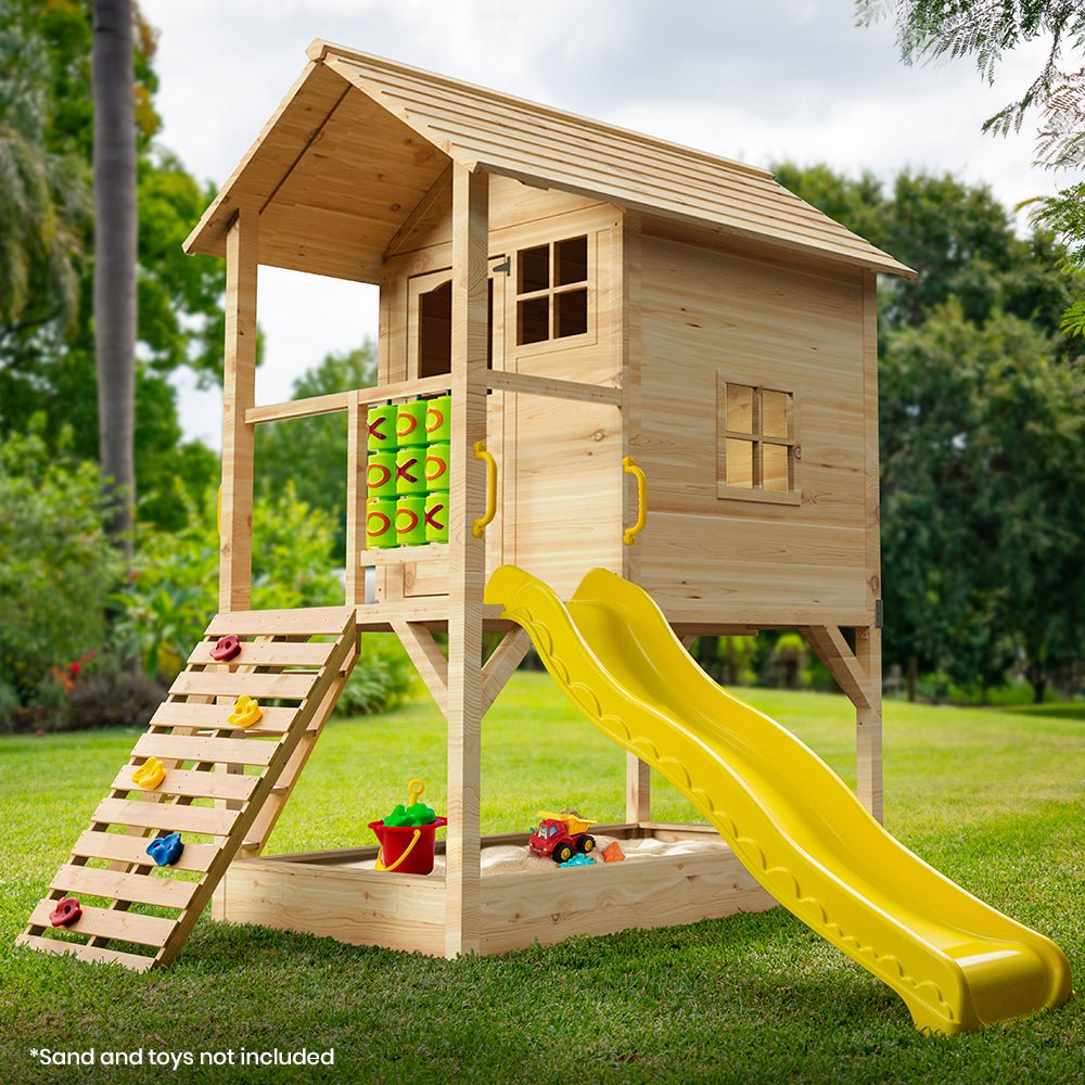 ROVO KIDS Wooden Tower Cubby House with Slide, Sandpit, Climbing Wall, Noughts & Crosses, Natural Colour for kids outdoor play - PlayScapes Australia