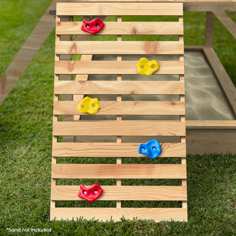 ROVO KIDS Wooden Tower Cubby House with Slide, Sandpit, Climbing Wall, Noughts & Crosses, Natural Colour for kids outdoor play - PlayScapes Australia