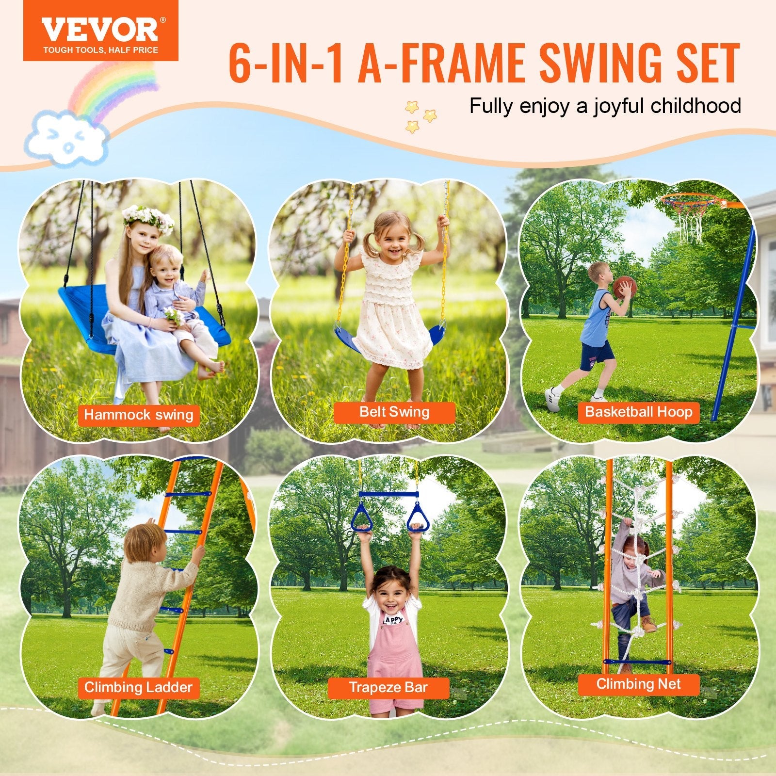 VEVOR Swing Sets for Backyard 6 in 1 Swing Set 440lbs Capacity Metal Swingset for kids outdoor play - PlayScapes Australia
