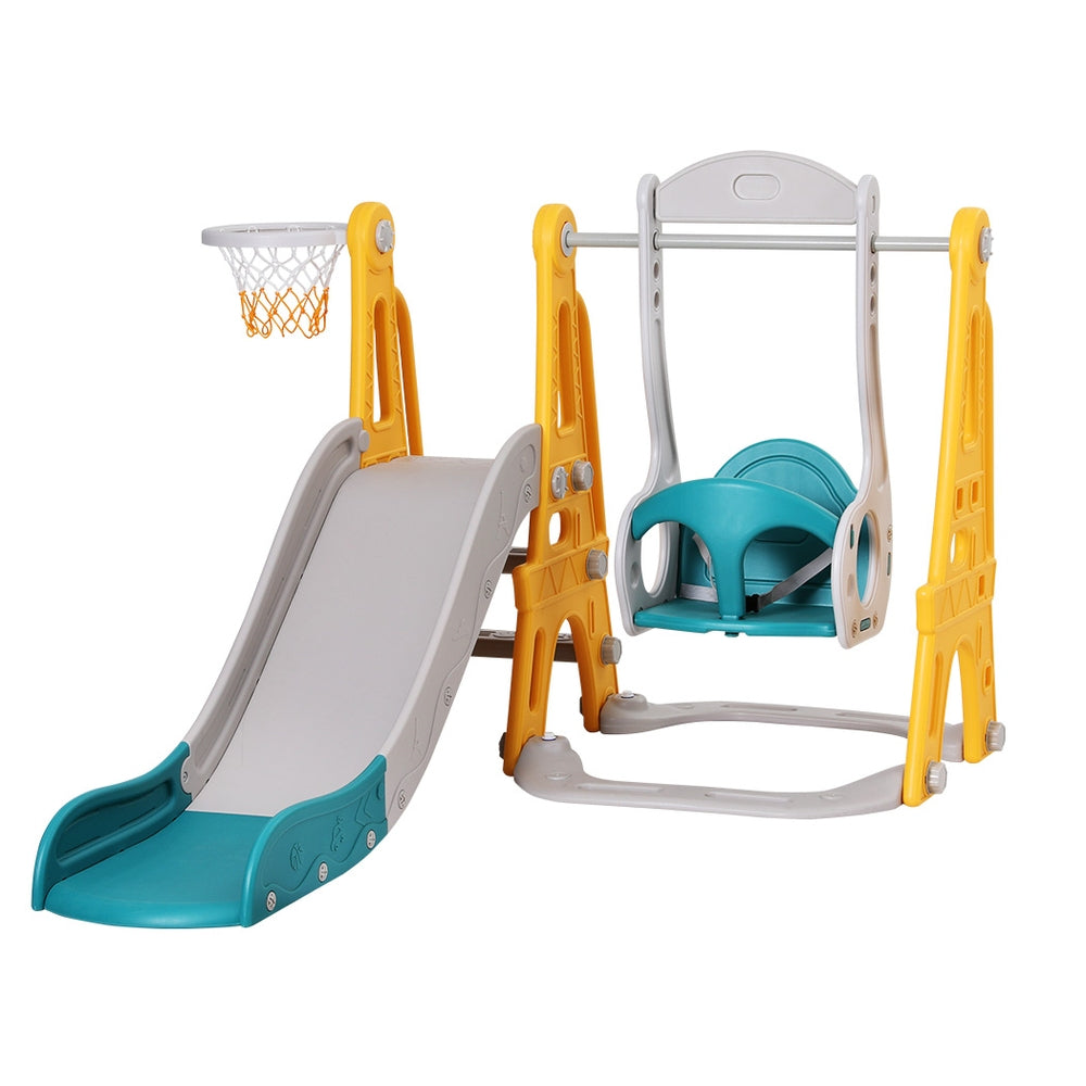 Keezi 3-in-1 Kids Slide & Swing Set with Basketball Hoop – Adjustable Height 140cm – Green
