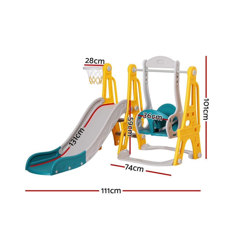 Keezi 3-in-1 Kids Slide & Swing Set with Basketball Hoop – Adjustable Height 140cm – Green