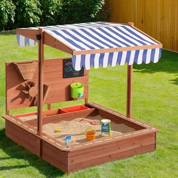 Keezi Kids Sandpit Wooden Canopy Sandbox With Cover Funnel Outdoor Toys 110cm