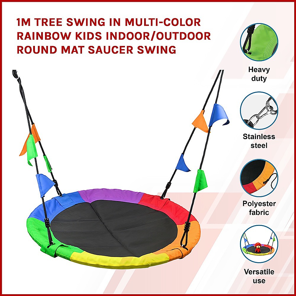 1m Tree Swing in Multi-Color Rainbow Kids Indoor/Outdoor Round Mat Saucer Swing max 220kgs