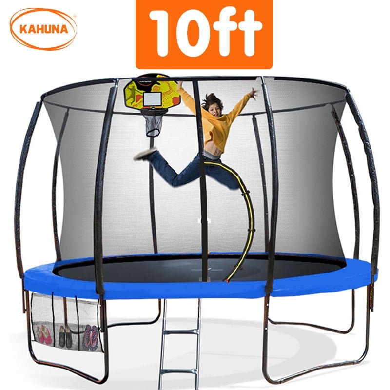 Kahuna 10ft Outdoor Trampoline With Safety Enclosure Pad Ladder Basketball Hoop Set Blue for kids outdoor play - PlayScapes Australia
