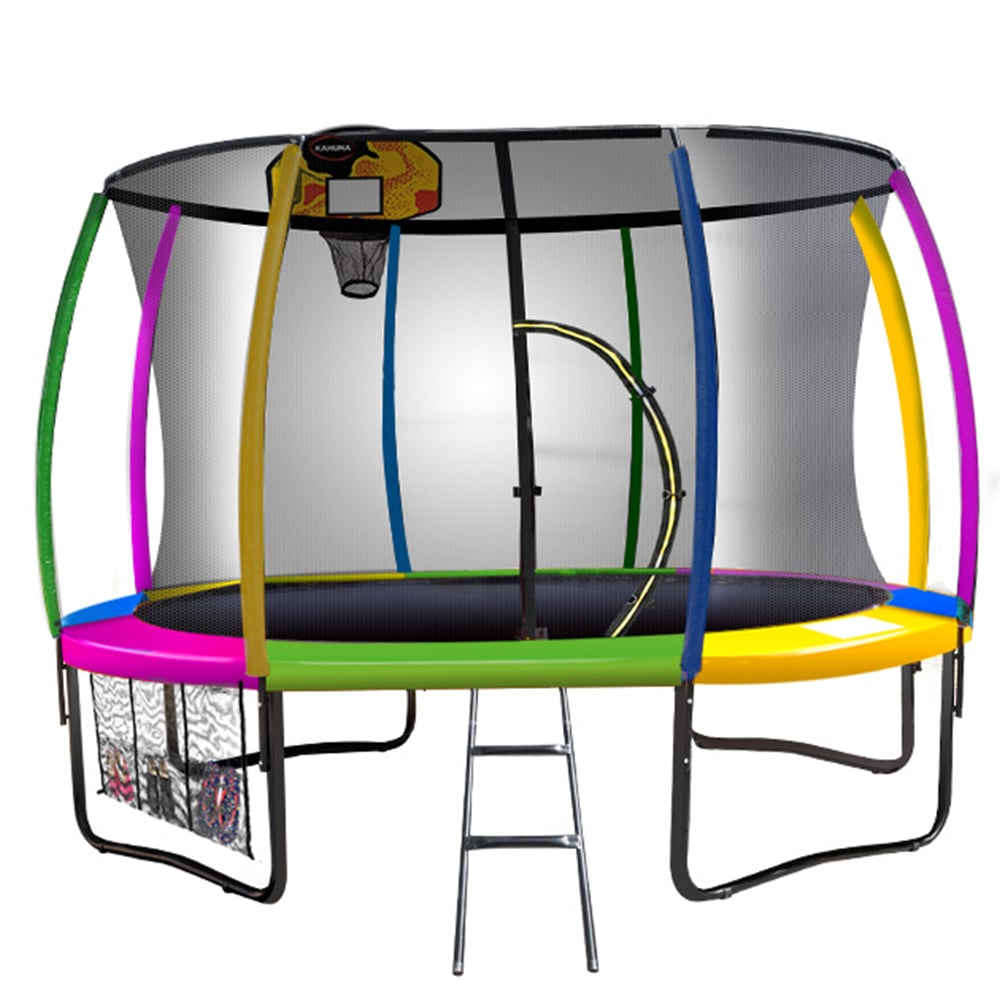 Kahuna 12ft Outdoor Trampoline Kids Children With Safety Enclosure Pad Mat Ladder Basketball Hoop Set - Rainbow for kids outdoor play - PlayScapes Australia