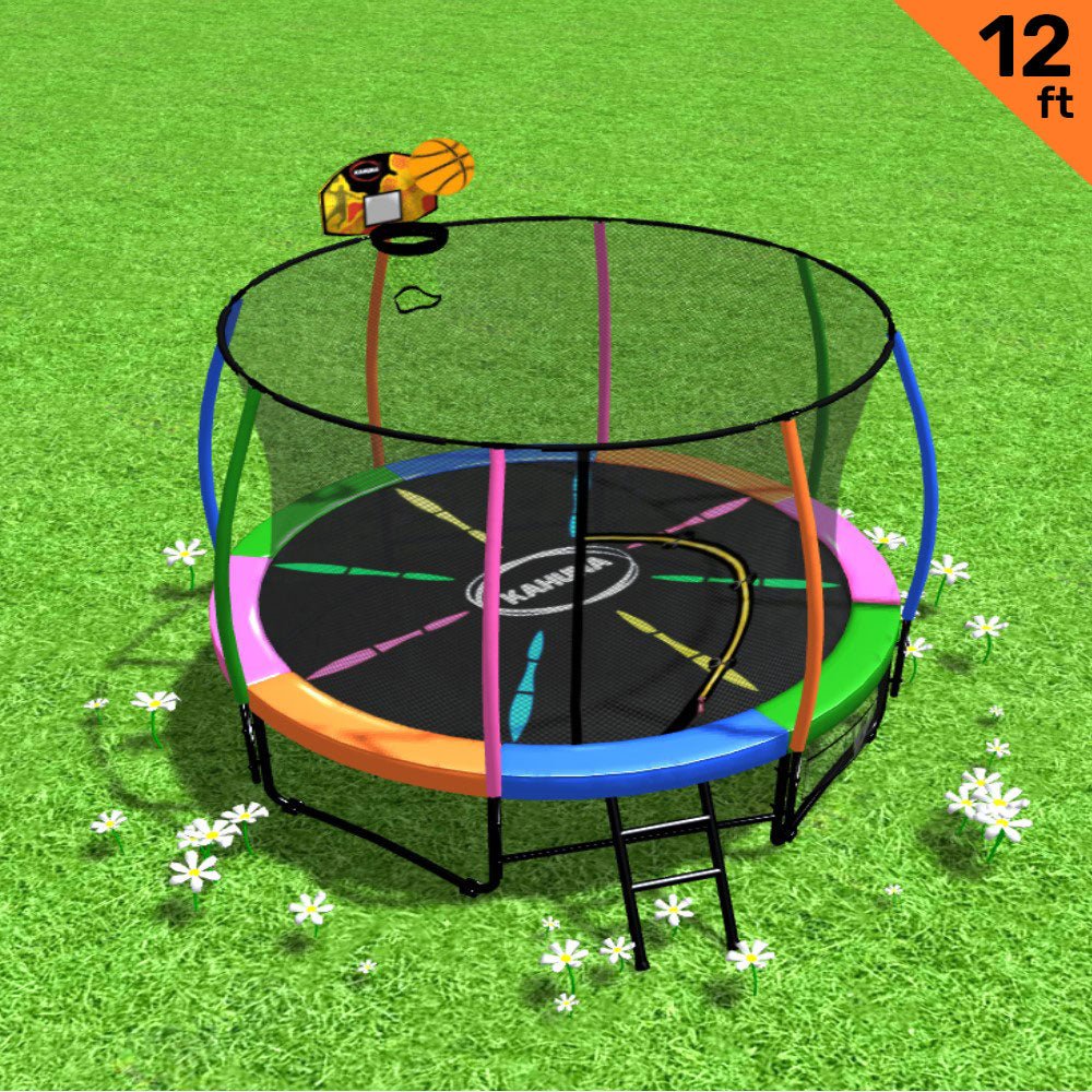Kahuna 12ft Outdoor Trampoline Kids Children With Safety Enclosure Pad Mat Ladder Basketball Hoop Set - Rainbow for kids outdoor play - PlayScapes Australia