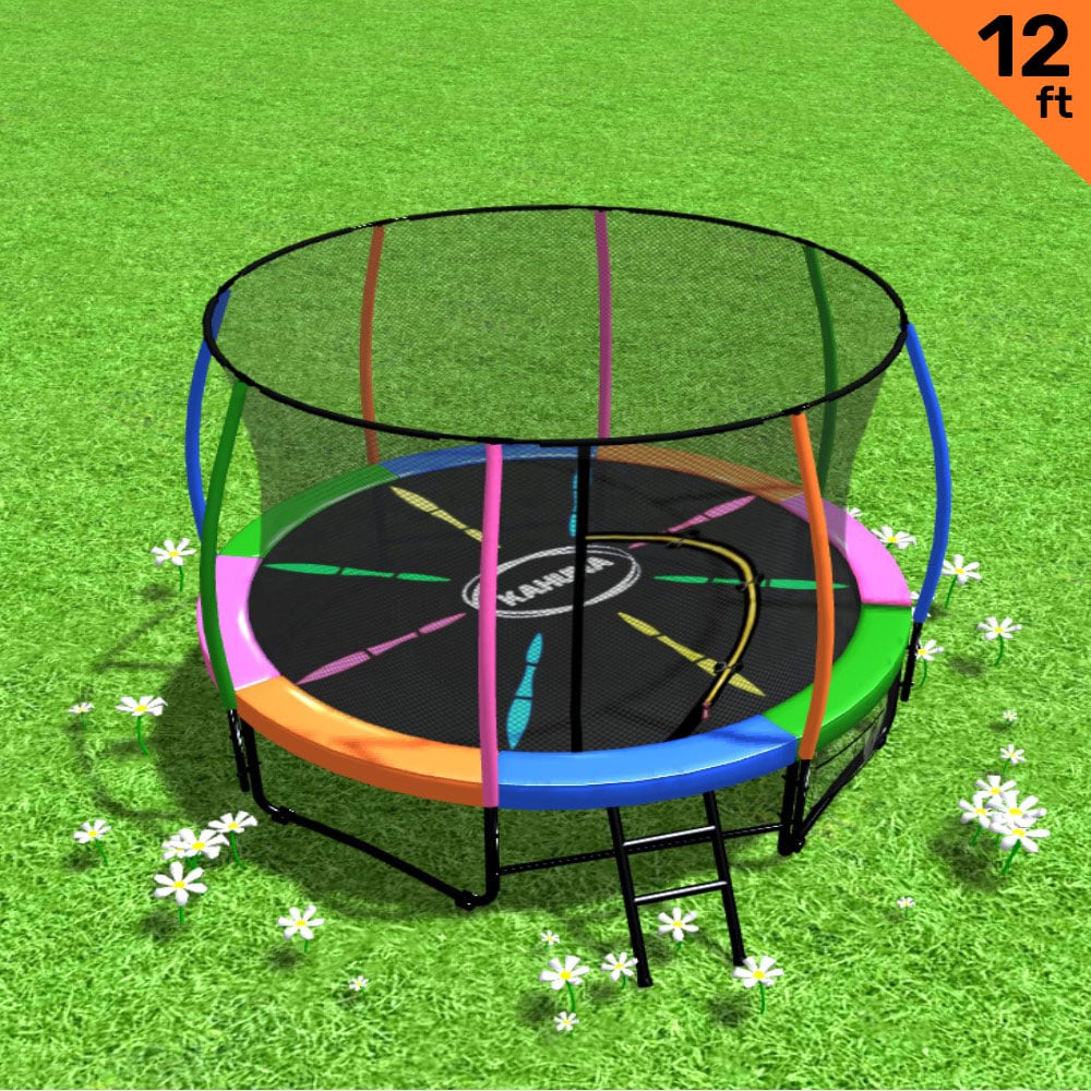 Kahuna 12ft Trampoline Free Ladder Spring Mat Net Safety Pad Cover Round Enclosure - Rainbow for kids outdoor play - PlayScapes Australia